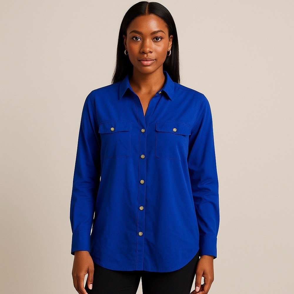Charter Club Blouse Petite Large PL Cobalt Blue Button Front Long Sleeve Top